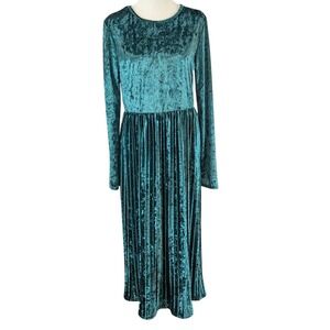 Aly Daly Crushed Velvet‎ Midi Dress Size Medium Teal Shimmer Pleated Long Sleeve